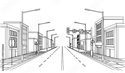City street road perspective black and white line art vector with buildings sidewalks and traffic markings in clean outline style