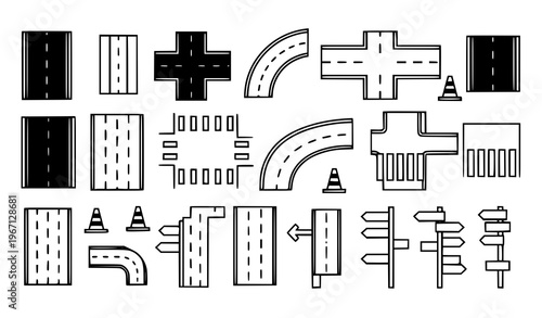 Road and street elements black and white vector set with intersections signs and markings in minimal outline icon style