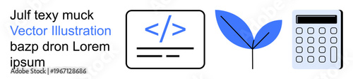 Technology development, environmental awareness, digital learning, coding, sustainability efforts, financial calculations. Code symbol, leaf and calculator graphic. Technology and environmental