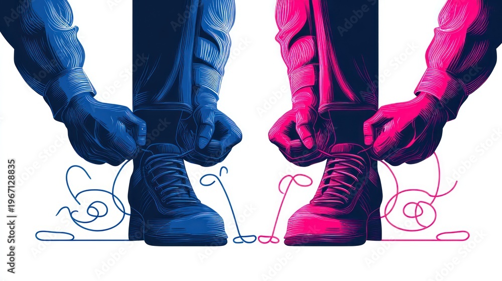 custom made wallpaper toronto digitalTwo people tying shoes, rendered in contrasting blue and pink on a white background