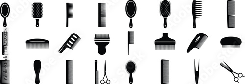 Hair combs and beauty salon silhouette icons set. Grooming, barber, hairstyle, and personal care vector illustration