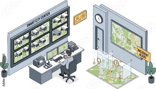 Smart City Control Center Isometric Illustration with Security Operator Monitoring CCTV Cameras and Urban Infrastructure Maps for Public Safety and Incident Management