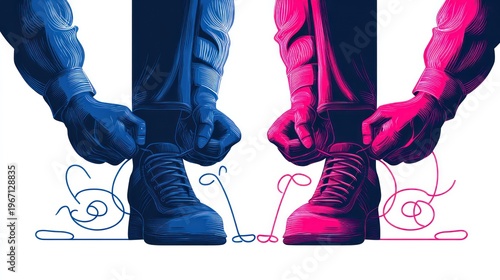 Wallpaper Mural Two people tying shoes, rendered in contrasting blue and pink on a white background Torontodigital.ca