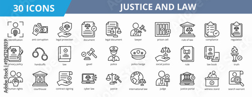 Set of outline style justice and law icon. A collection of icons suitable for web and mobile application. Including identification, anti corruption, document, legal document, lawyer, and more.
