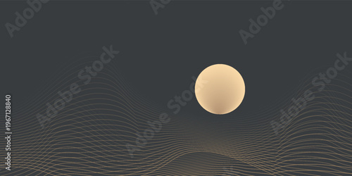 Vector abstract art landscape mountain with birds and sunrise with gold line art texture isolated on dark gray black background. eps10