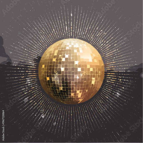 Schwarzer Hintergrund mit goldener Disco-Kugel und radialem Punktmuster – Luxus Party-Design