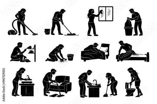 Household chores: diverse individuals performing daily cleaning tasks.