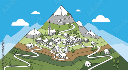 Mountain village nestled in scenic landscape with winding roads.