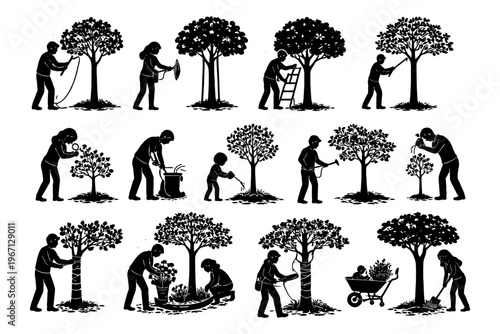 Silhouette people engaged in tree care activities: pruning, watering, planting.