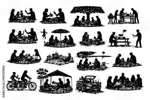 Silhouettes of diverse people enjoying outdoor picnic activities.