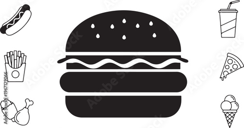 Black and white fast food including burger hot dog fries