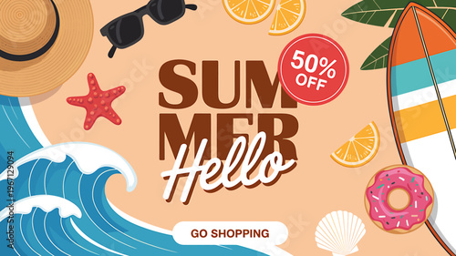 Summer hello discount advertisement with beach items and food on colorful background