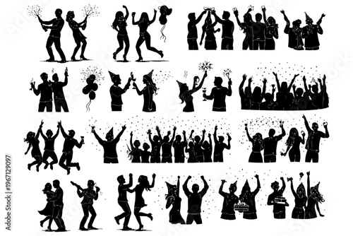 Silhouettes of diverse people celebrating with joyful expressions.