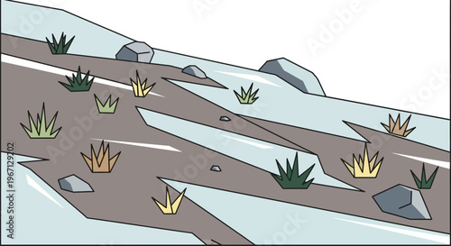Illustration of a rocky hillside with sparse vegetation and snow.