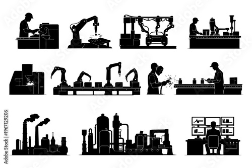 Industrial manufacturing silhouettes featuring automation and robotics in factories.