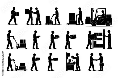 Silhouettes of workers in warehouse environment with forklift and pallet jacks.