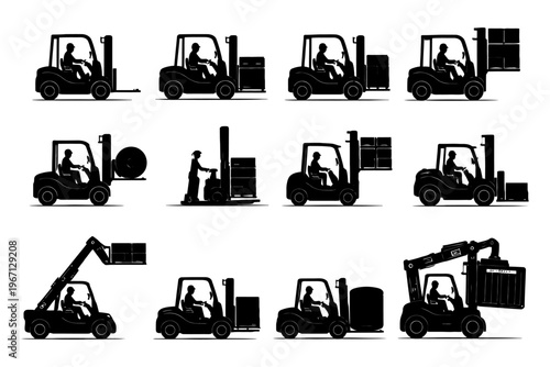 Silhouette of forklifts and operators in various positions and tasks.