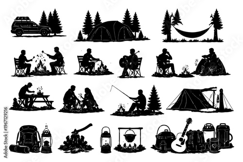 Silhouette camping scenes with tents, campfires, and outdoor activities amid pine trees.