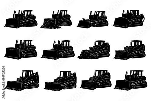 Collection of bulldozer silhouettes with different attachments.