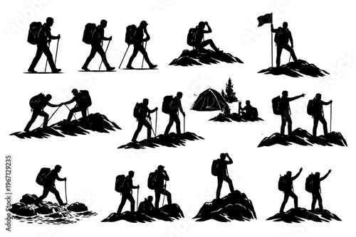 Silhouette hikers in various poses with camping scene.