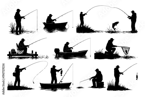 Silhouettes of male fishers in various fishing scenarios.
