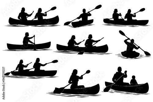 Silhouettes of people canoeing and kayaking in various poses on water.