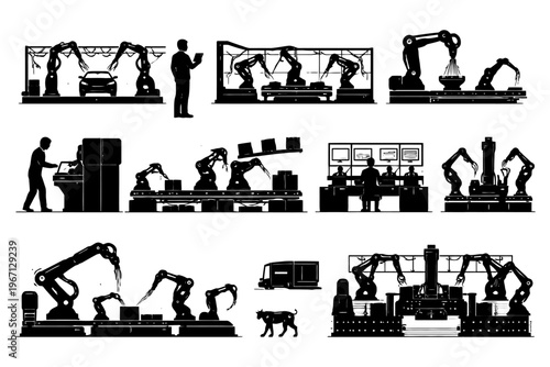 Automated assembly line with robots and engineers in industrial factory setting.