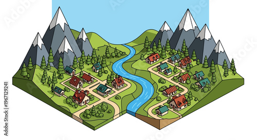 Isometric Village Landscape with River and Mountains.