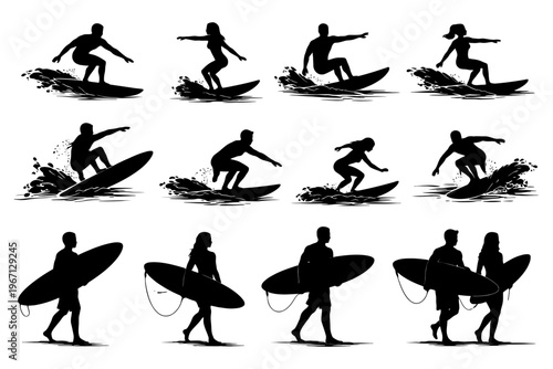 Silhouettes of surfers and surfboards in action and relaxation.