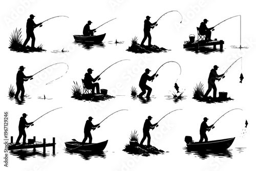 Silhouettes of people fishing in various settings and poses.
