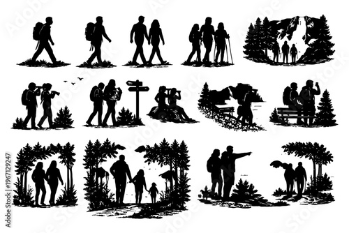 Silhouette of diverse couples and families hiking in nature landscapes.
