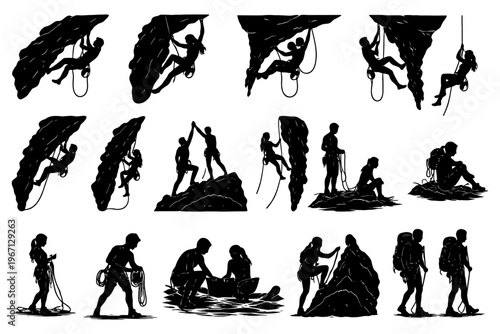 Silhouette rock climbing scenes with diverse climbers and activities.