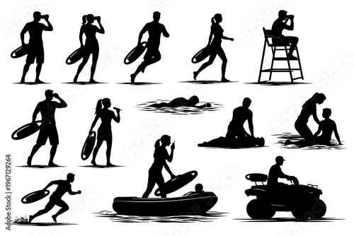 Silhouettes of active lifeguards engaged in beach and pool safety tasks.