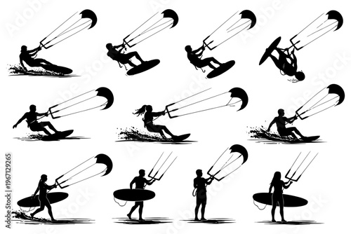 Silhouettes of kiteboarders performing various maneuvers and tricks.