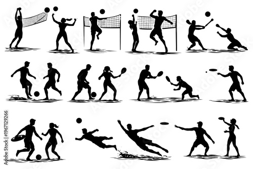 Silhouettes of people engaged in various sports activities.