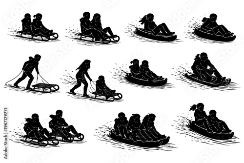 Silhouettes of people sledding and tubing on snowy slopes in winter.