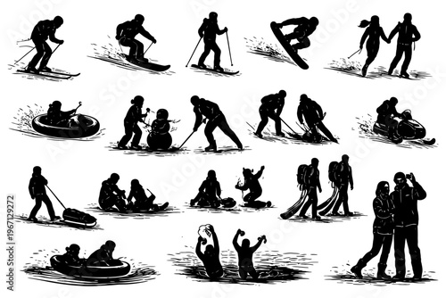 Silhouette winter sports activities featuring skiing, snowboarding, and ice skating.