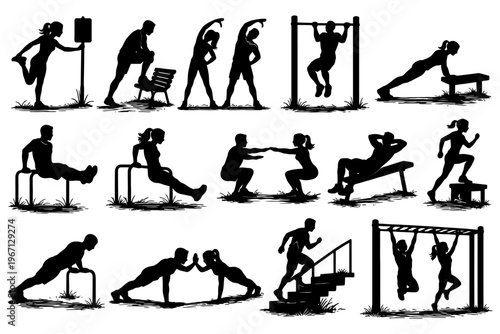 Silhouette workout: diverse exercises at outdoor bars and parks.