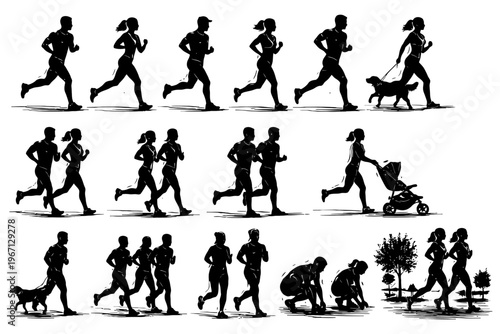 Silhouettes of people engaging in outdoor running activities.