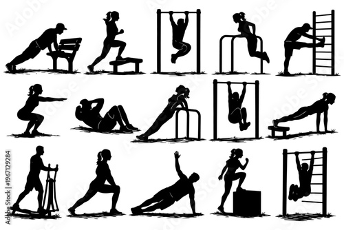 Silhouettes of diverse fitness exercises and outdoor workouts.