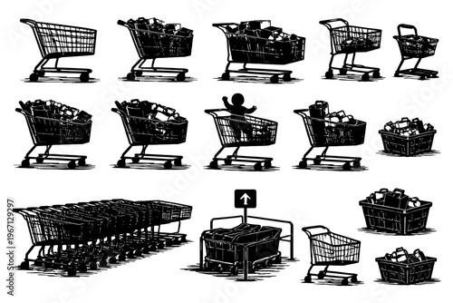 Black and white illustrations of shopping carts in various arrangements.