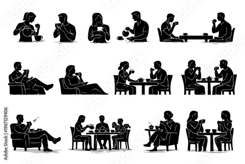 Silhouettes of people enjoying tea and coffee in various social settings.