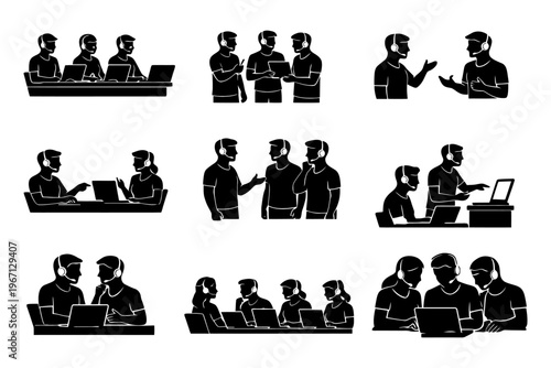 Silhouette icons of coworkers in male teamwork and communication scenarios.