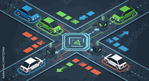 Autonomous vehicles navigating a smart city intersection with AI control.
