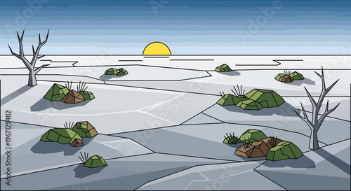 Barren Landscape with Cracked Earth and Sparse Vegetation.