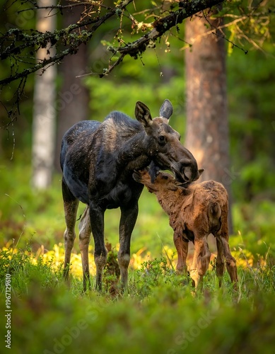 A large, dark moose stands with its young calf, both in a sunlit forest. They are surrounded by green flora
