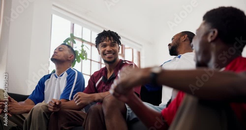 Celebration, excited and friends watching tv on sofa, rival teams or competitive fans for football game. Handshake, below or people with soccer match live stream in home, frustrated or happy for goal