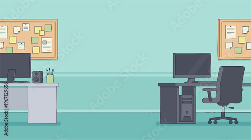 Two Empty Office Desks with Computers and Cork Boards in Minimalist Style