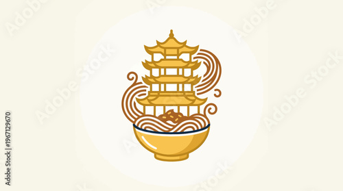 Asian Restaurant Logo with Pagoda and Noodle Bowl