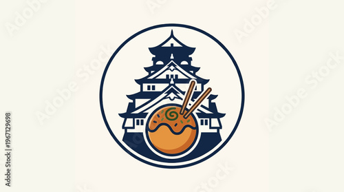 Japanese Food Logo with Castle and Takoyaki